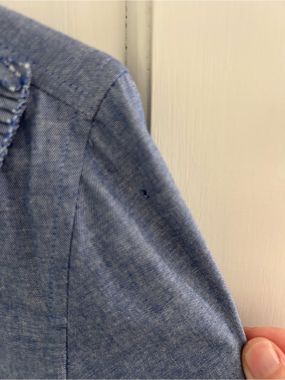 Blue Chambray Ruffled Collar Button-Front Blouse - Picture 4 of 7